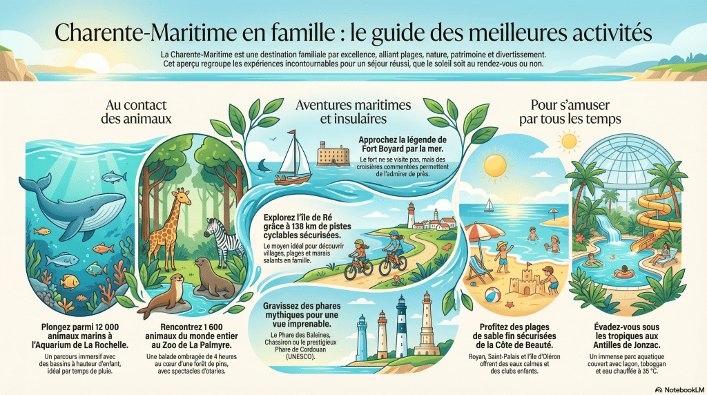 Infographie des meilleures activités familiales en Charente-Maritime : Aquarium de La Rochelle, Zoo de la Palmyre, île de Ré à vélo, Fort Boyard, phares, plages de la Côte de Beauté et Antilles de Jonzac